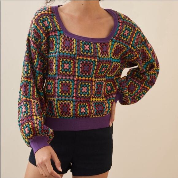 Farm Rio Granny Squares Crochet Sweater Size XS Petite - Picture 1 of 7